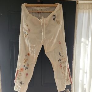 Johnny Was Cream Embroidered Wide Leg Pants